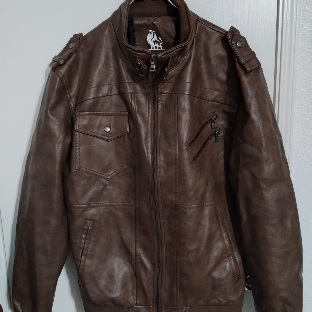 David Outwear Brown Bomber Jacket with Distressed Leather and Elastic Cuffs